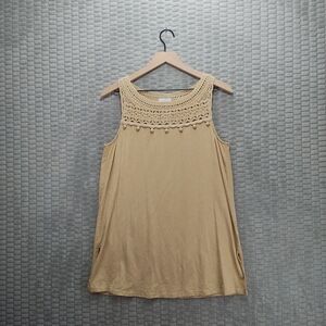 J. Jill Tan Crochet Pom Pon Tank Top-Boho-Hippie-Cotton Modal-S